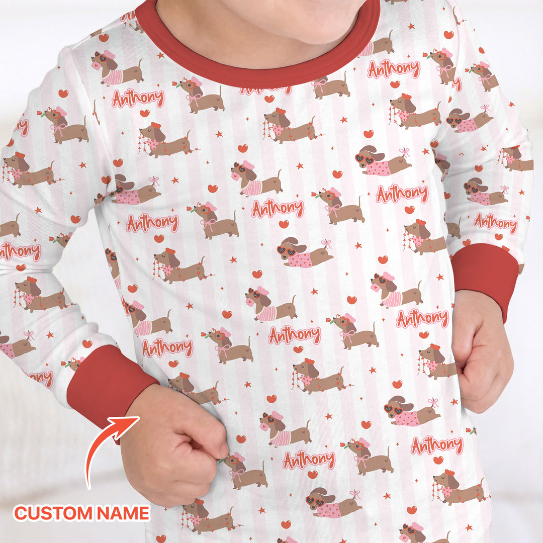 Custom Name Valentine Dachshund Family Matching Two Piece Long Sleeve Pajama Set