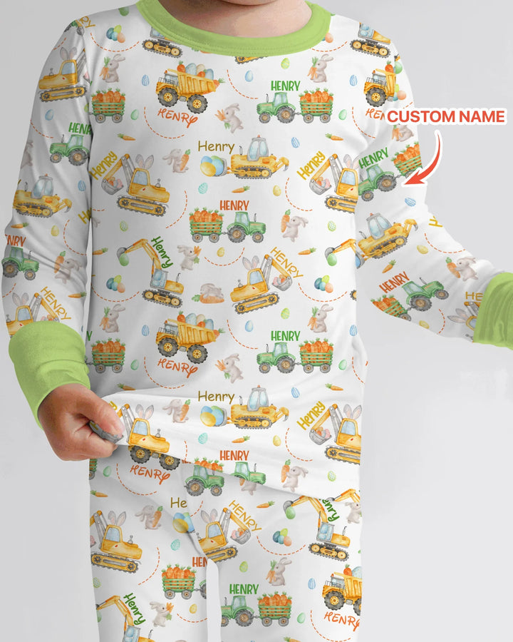 Easter Construction Vehicles Custom Name Two Piece Long Sleeve Pajama Set