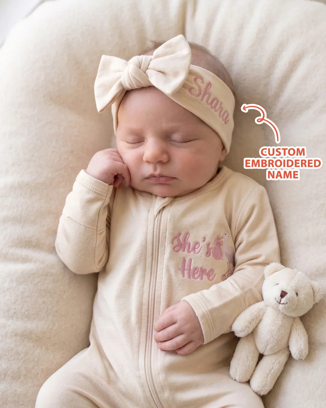 Personalized She's Here Embroidered Bamboo Headband