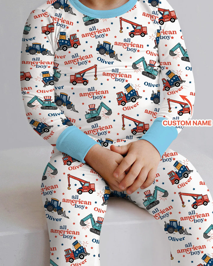 Custom Name All-American Boy Bamboo Two Piece Long Sleeve Pajama Set