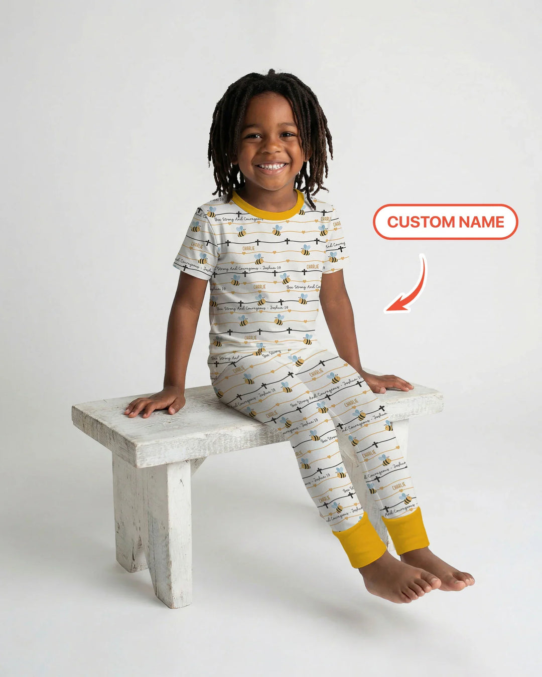 Bee Strong And Courageous Custom Name Bamboo Two Piece Short Sleeve Pajama Set