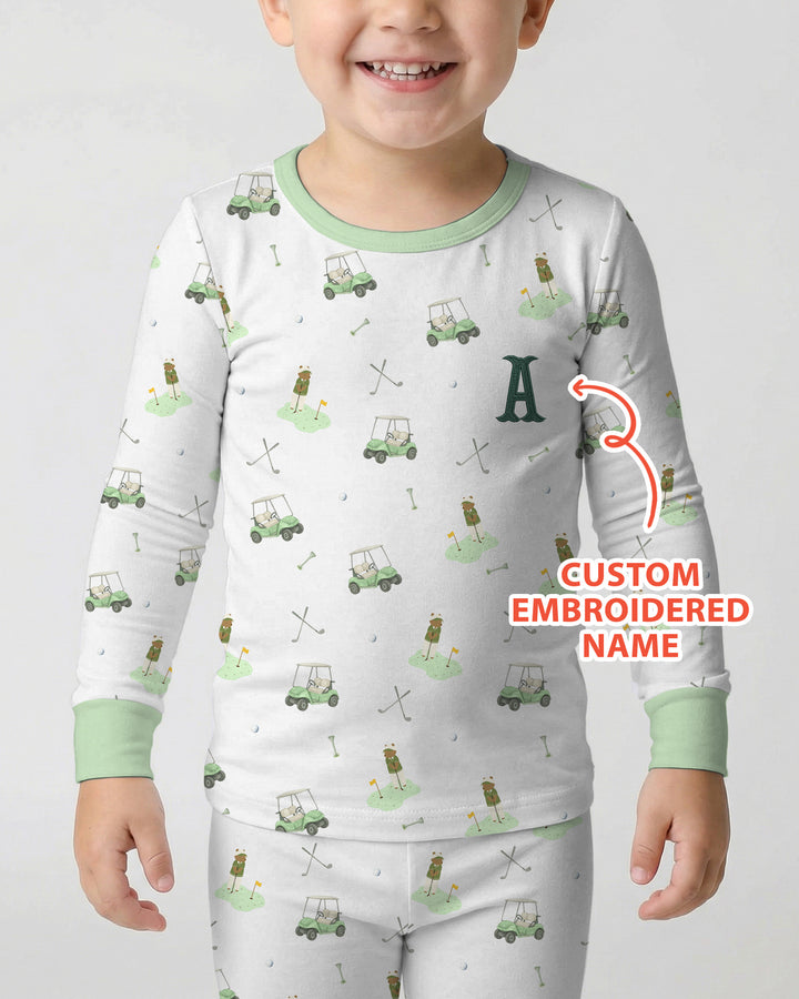 Custom Embroidered Name Monogram Letter Golf Two Piece Long Sleeve Pajama Set