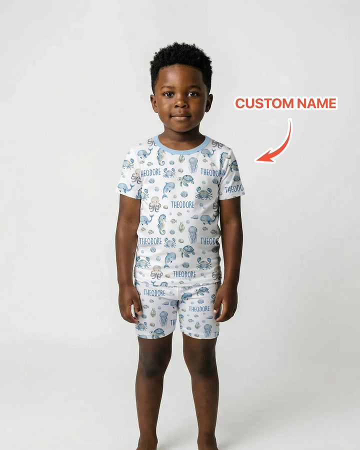 Custom Name Ocean Friends  Bamboo Two Piece Short Sleeve Shorts Pajama Set