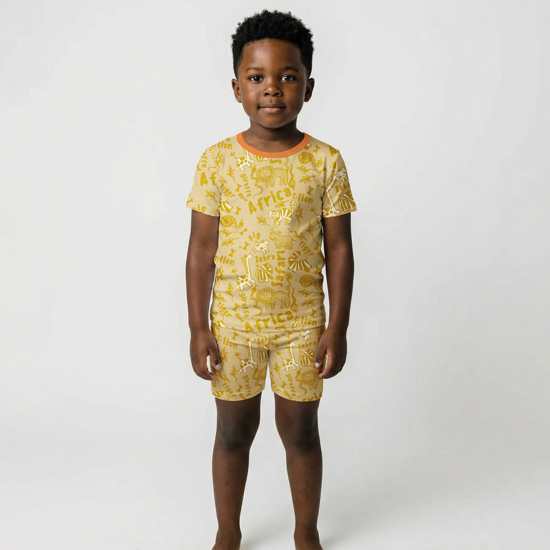 Handdrawn African Animals Two Piece Short Sleeve Shorts Pajama Set