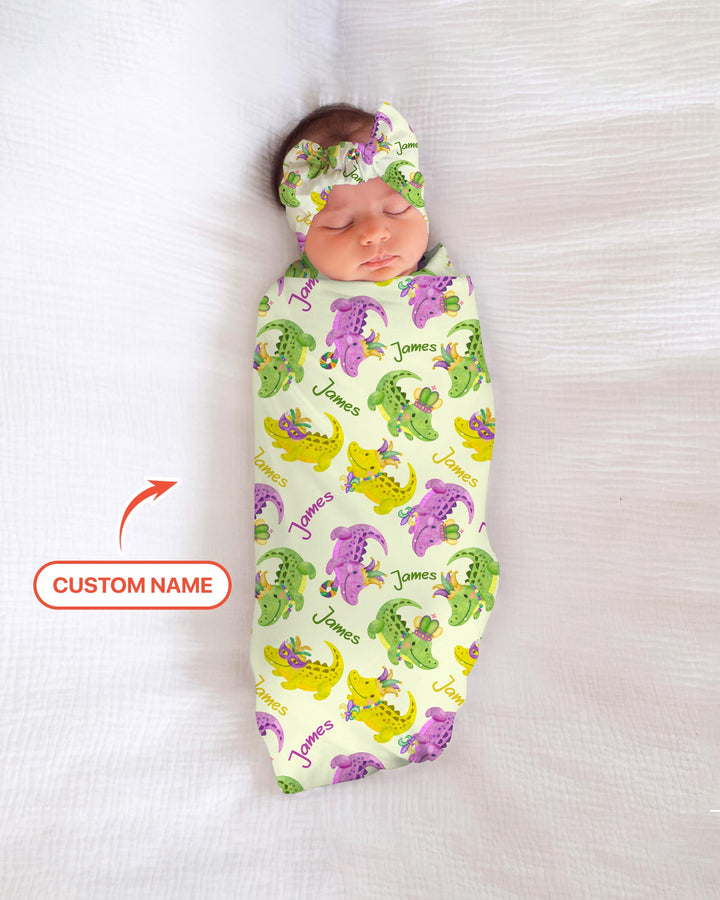 Custom Name Mardi Gras Alligator Swaddle Blanket