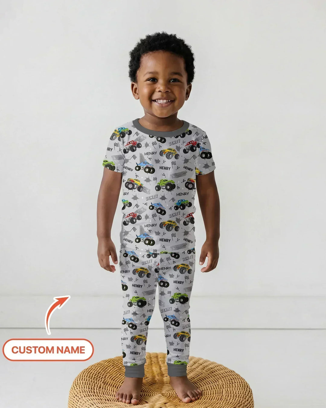 Monster Truck Dirt Jam Custom Name Daddy & Me Matching Two Piece Short Sleeve Pajama Set