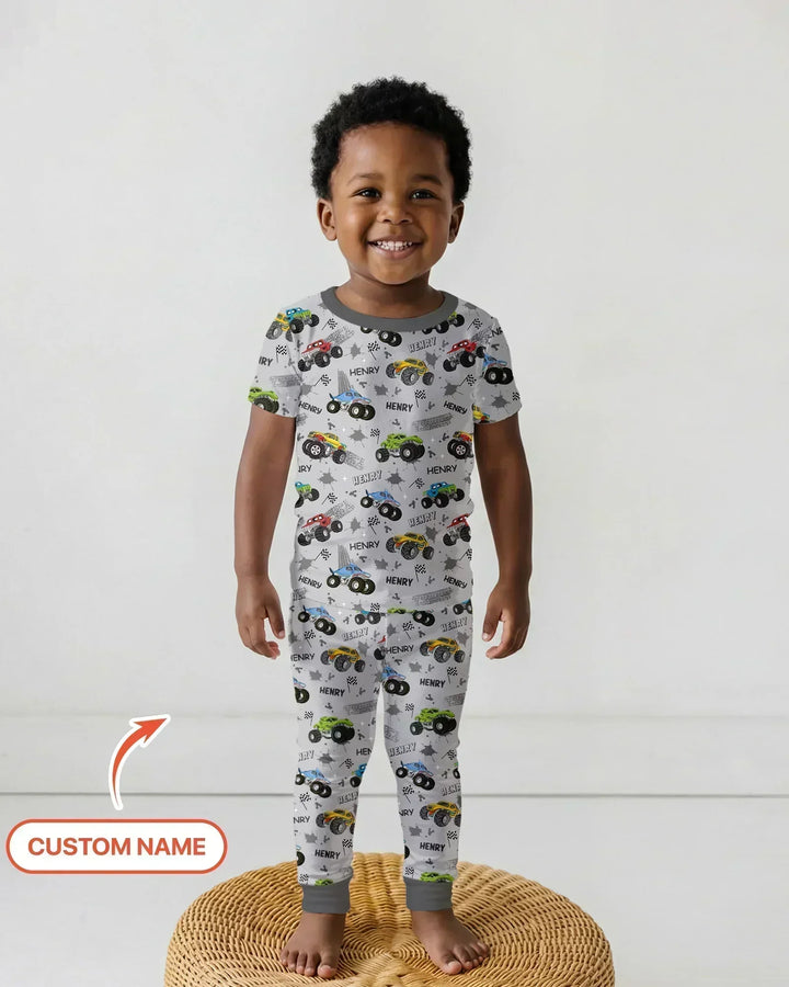 Monster Truck Dirt Jam Custom Name Daddy & Me Matching Two Piece Short Sleeve Pajama Set
