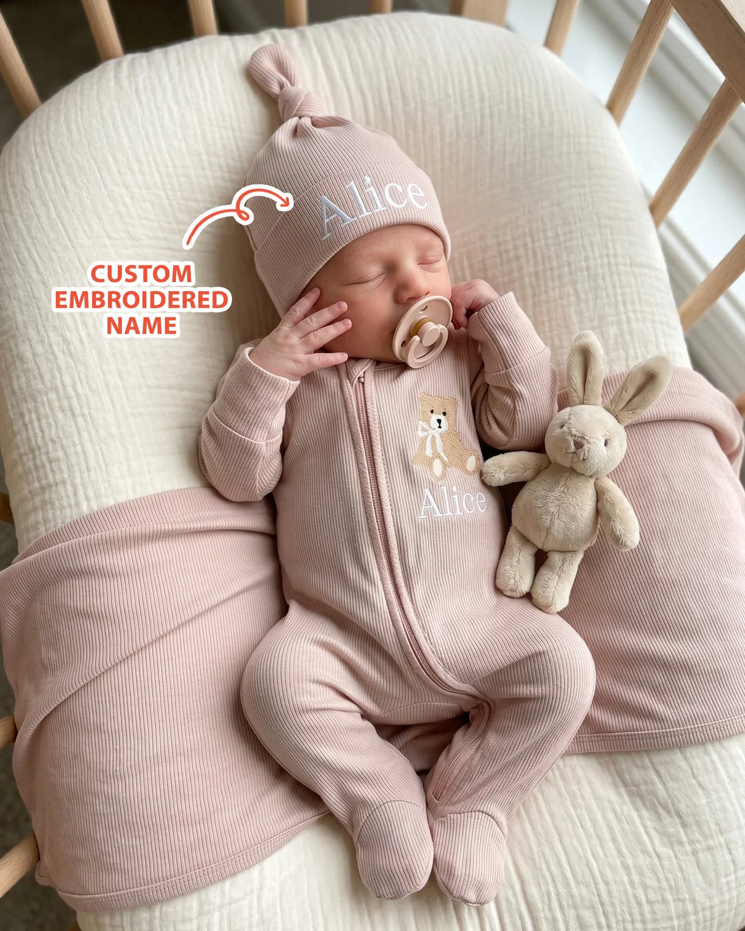 Personalized Teddy Bear Embroidered Ribbed Bamboo Hat