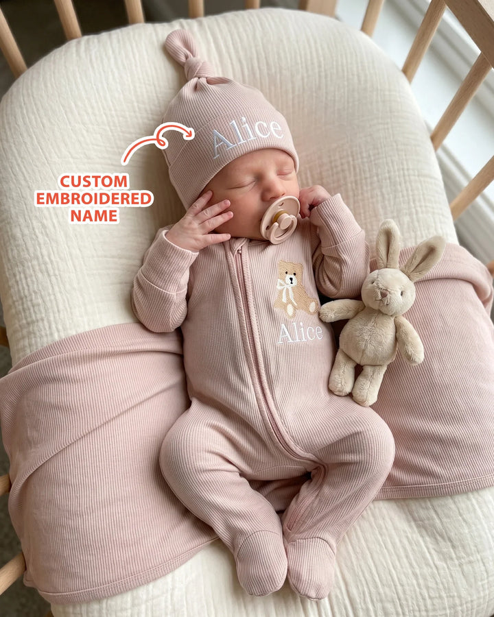 Personalized Teddy Bear Embroidered Ribbed Bamboo Hat
