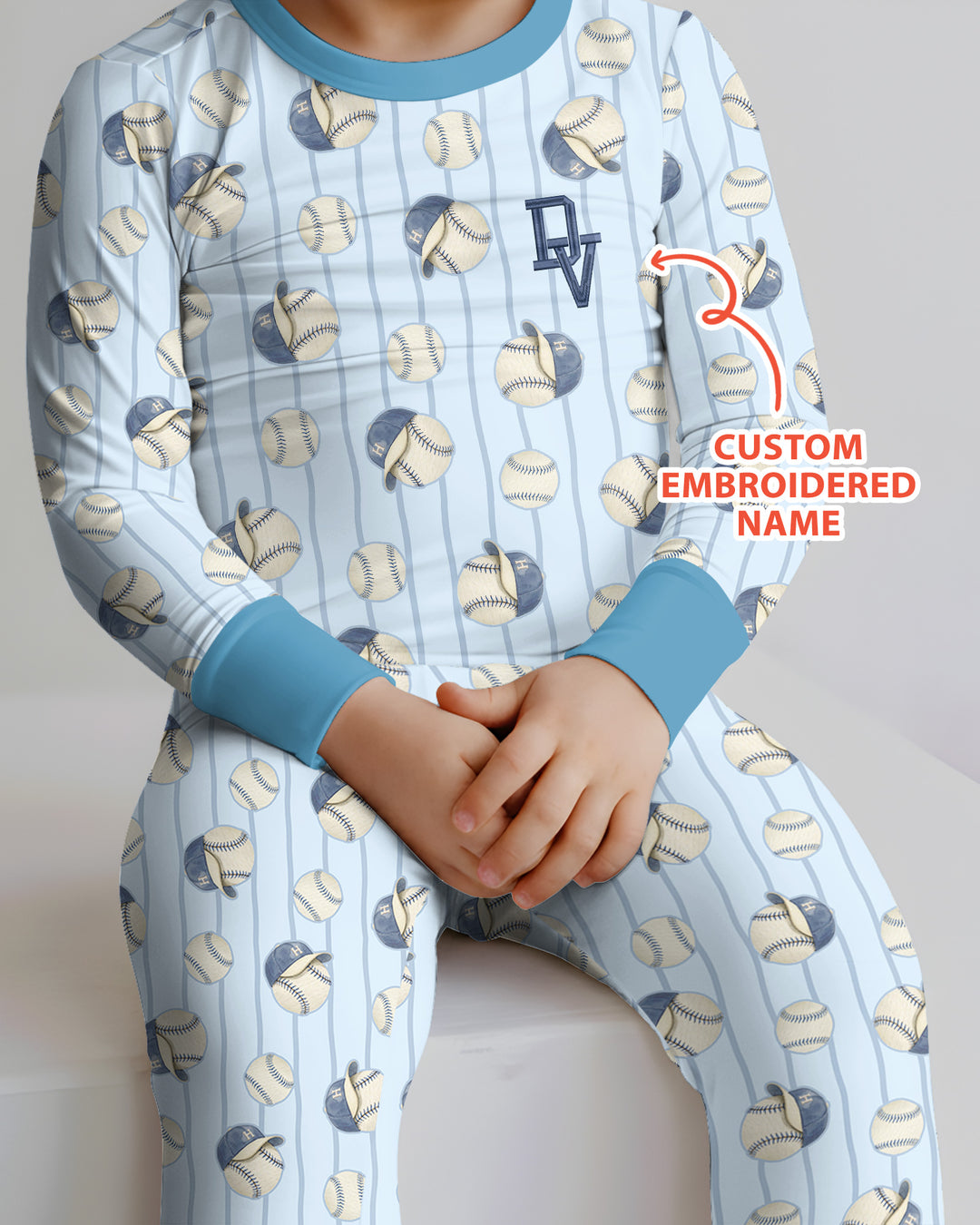 Custom Embroidered Baseball Bamboo Two Piece Long Sleeve Pajama Set