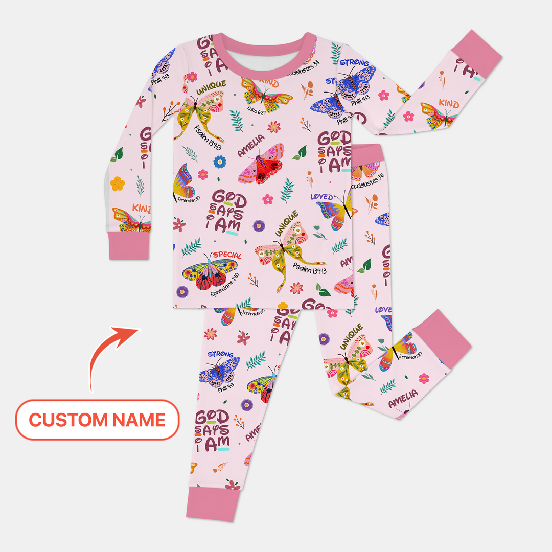 Custom Name God says I am Butterfly Two Piece Long Sleeve Pajama Set