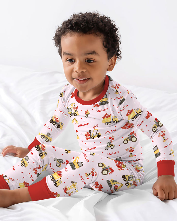 Custom Name Valentine Trucks Family Matching Two Piece Long Sleeve Pajama Set