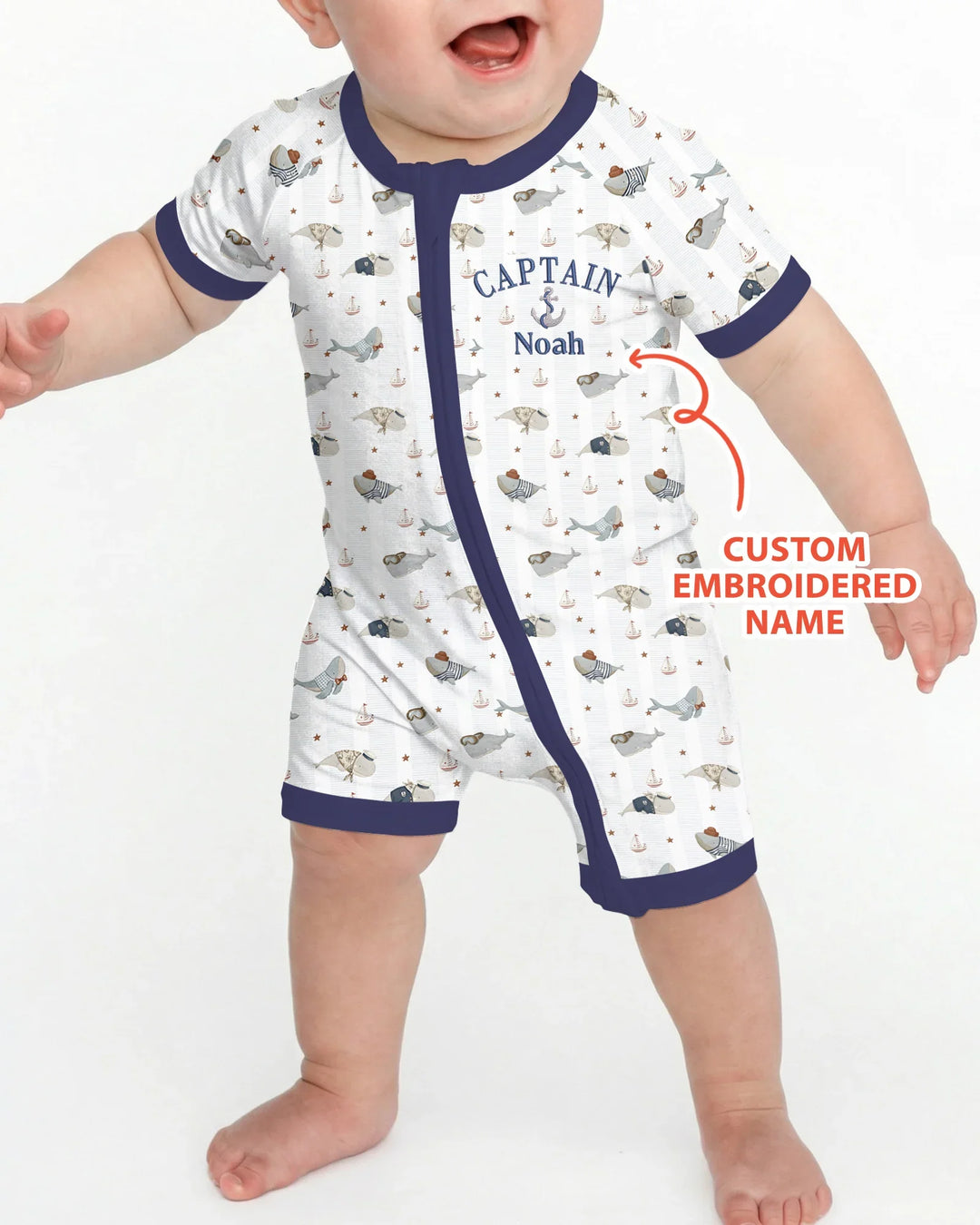Custom Embroidered Name Little Captain of the Whale Crew Bamboo Shorty Zippy