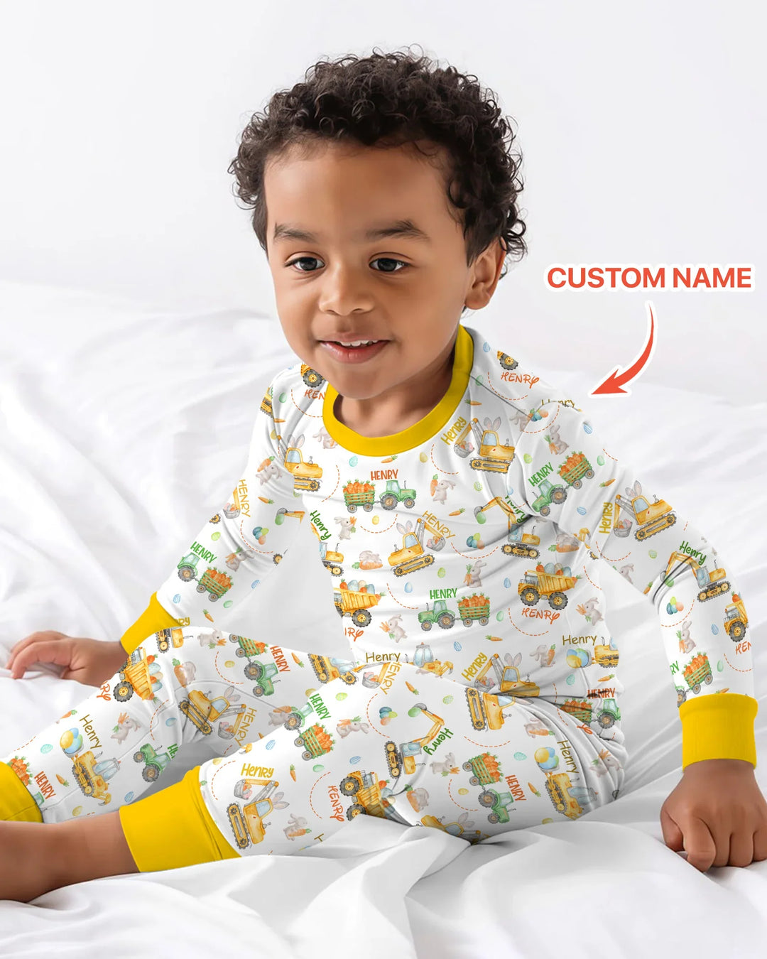 Easter Construction Vehicles Custom Name Two Piece Long Sleeve Pajama Set