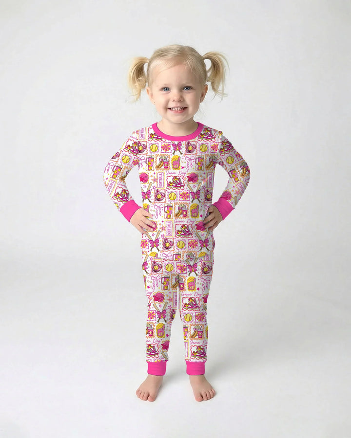 Pink Softball Game Day Bamboo Two Piece Long Sleeve Pajama Set