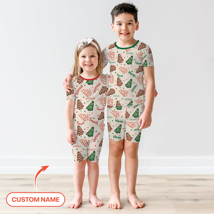 Christmas Tree Cake Custom Name Two Piece Short Sleeve Shorts Pajama Set