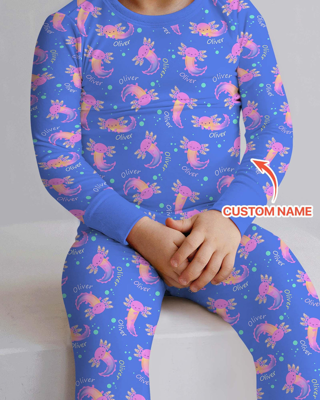Pijama de dos piezas de manga larga de bambú con nombre personalizado y diseño de ajolote que brilla en la oscuridad