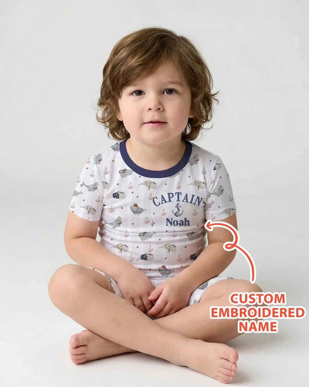Custom Embroidered Name Little Captain of the Whale Crew Bamboo Two Piece Short Sleeve Shorts Pajama Set