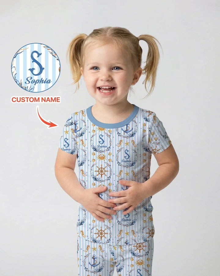 Bon Voyage Custom Name Bamboo Two Piece Short Sleeve Pajama Set