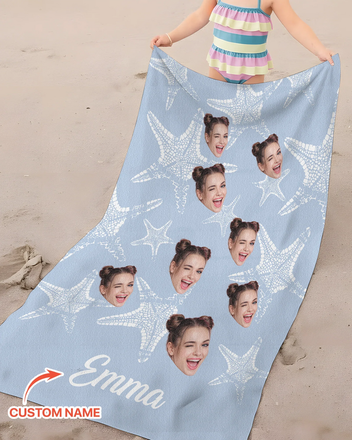Custom Photo Starfish With Names Bamboo Beach Towel