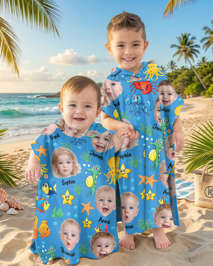 Custom Photo Cute Kid Face Watercolor Sea Creatures Summery Bamboo Swim Poncho