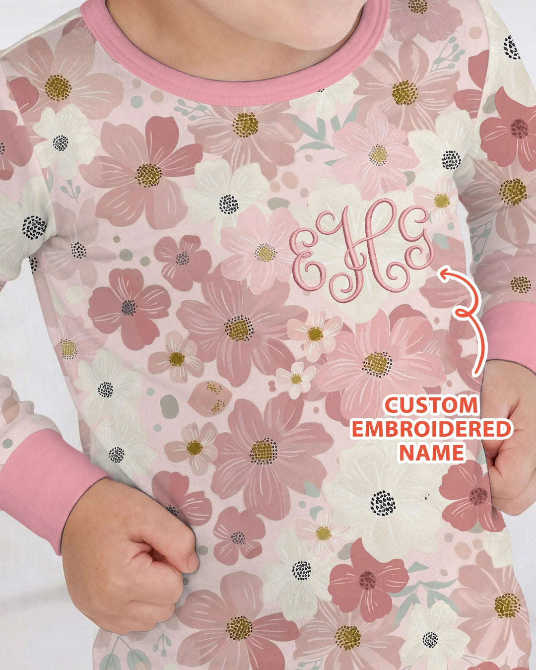 Pijama de dos piezas de manga larga de bambú floral con nombre bordado personalizado