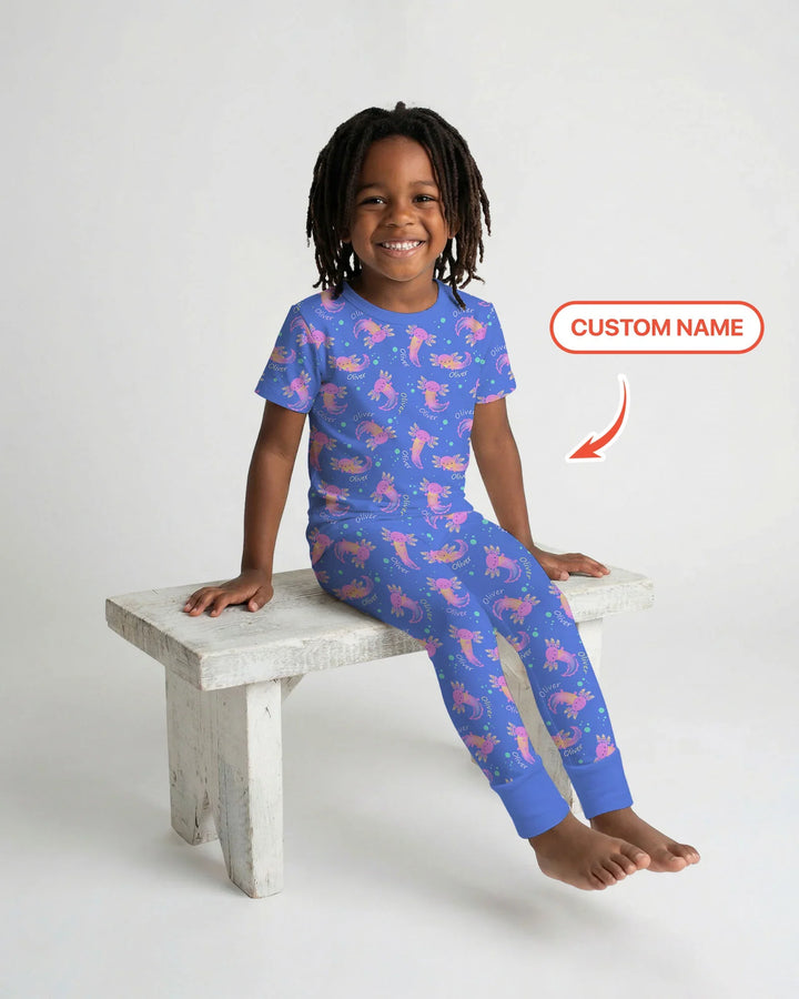 Axolotl Glow Custom Name Bamboo Two Piece Short Sleeve Pajama Set