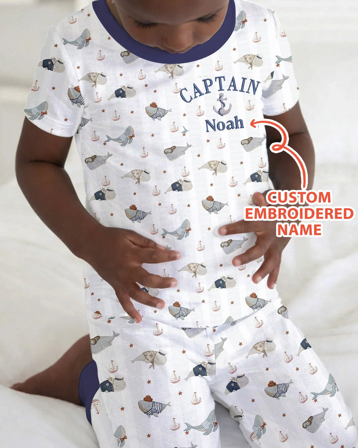 Custom Embroidered Name Little Captain of the Whale Crew Bamboo Two Piece Short Sleeve Pajama Set