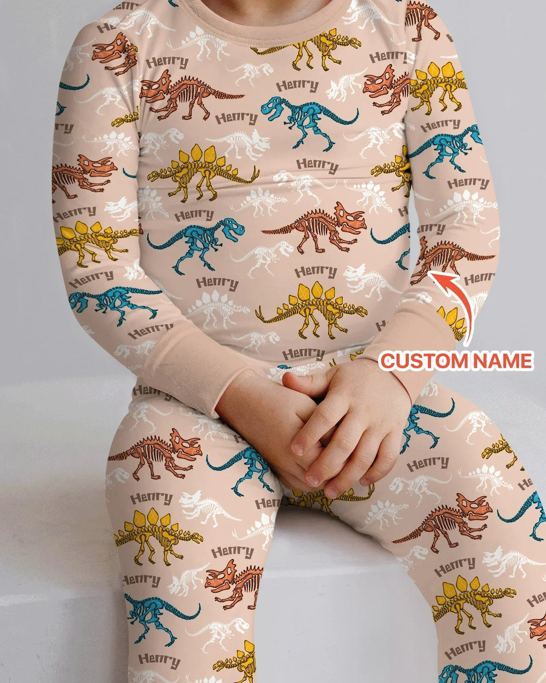 Dino Bones Parade Custom Name Two Piece Long Sleeve Pajama Set