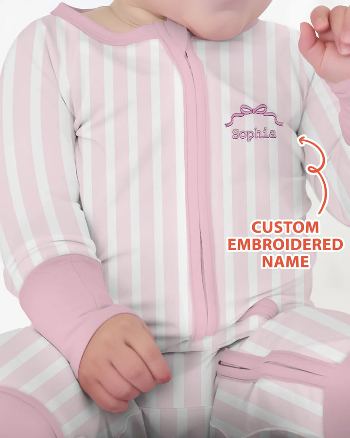 Personalized Embroidered Pink Stripes Baby Bamboo Convertible Zippy