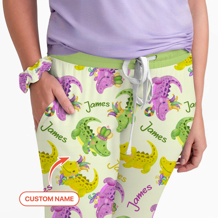 Custom Name Mardi Gras Alligator Women Pajama Set