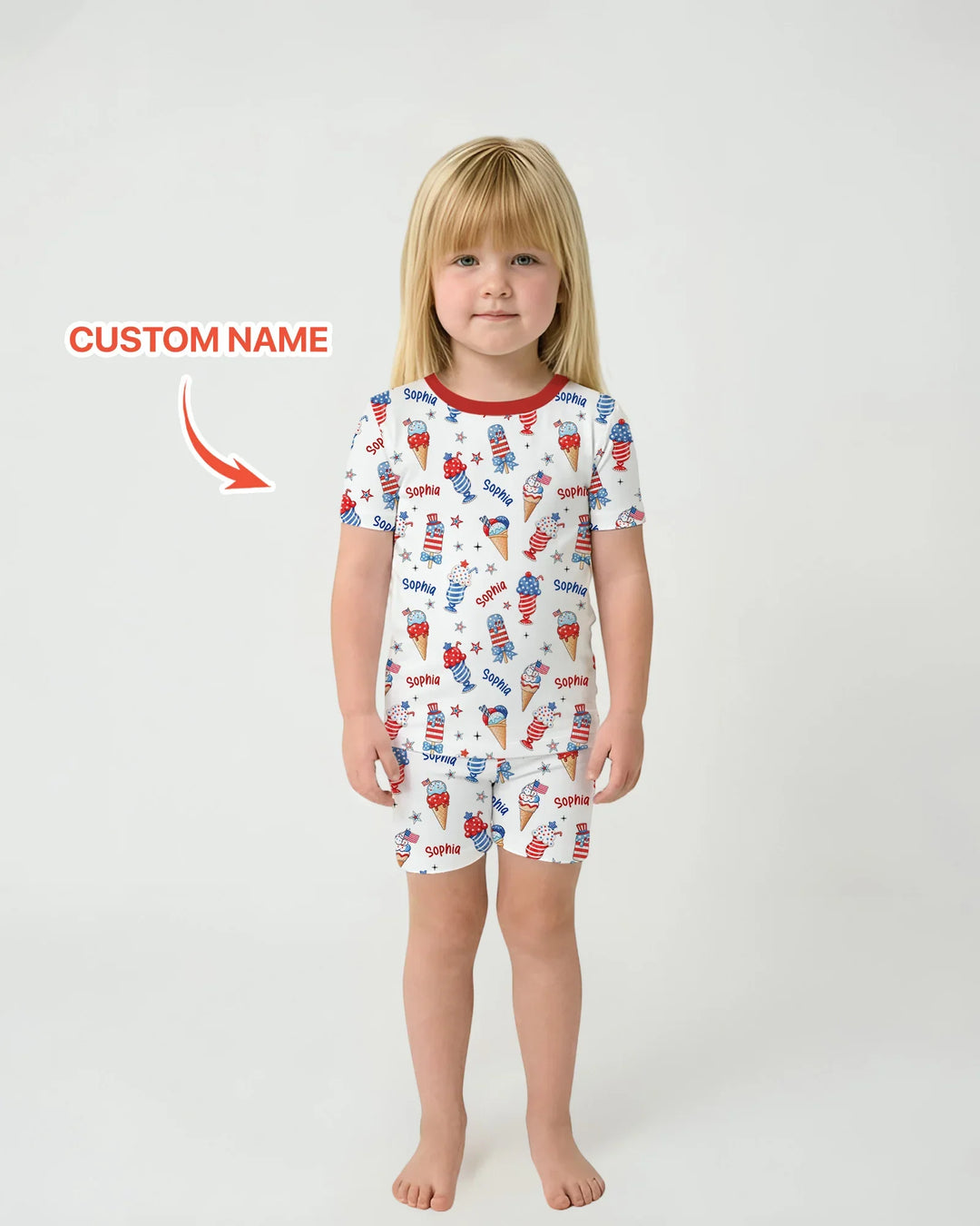 Custom Name Red, White & Ice Cream Bamboo Two Piece Short Sleeve Shorts Pajama Set