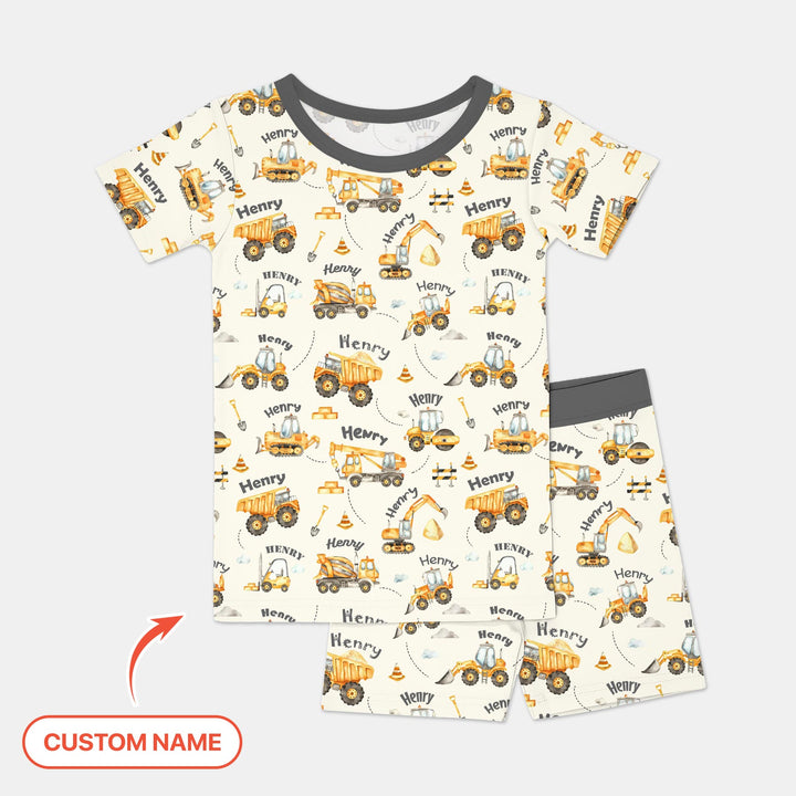 Constructions Machines Custom Name Two Piece Short Sleeve Shorts Pajama Set