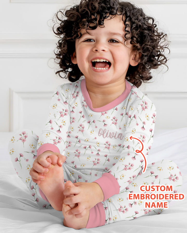 Custom Embroidered Name Floral Whispers Bamboo Two Piece Long Sleeve Pajama Set