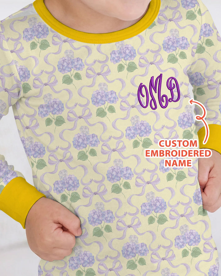 Custom Name Embroidered Hydrangea Welcome Home Bamboo Two Piece Long Sleeve Pajama Set