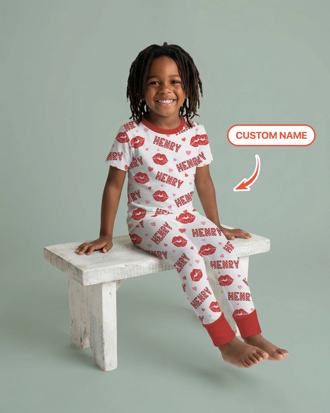 Custom Name Valentine Kiss Two Piece Short Sleeve Pajama Set