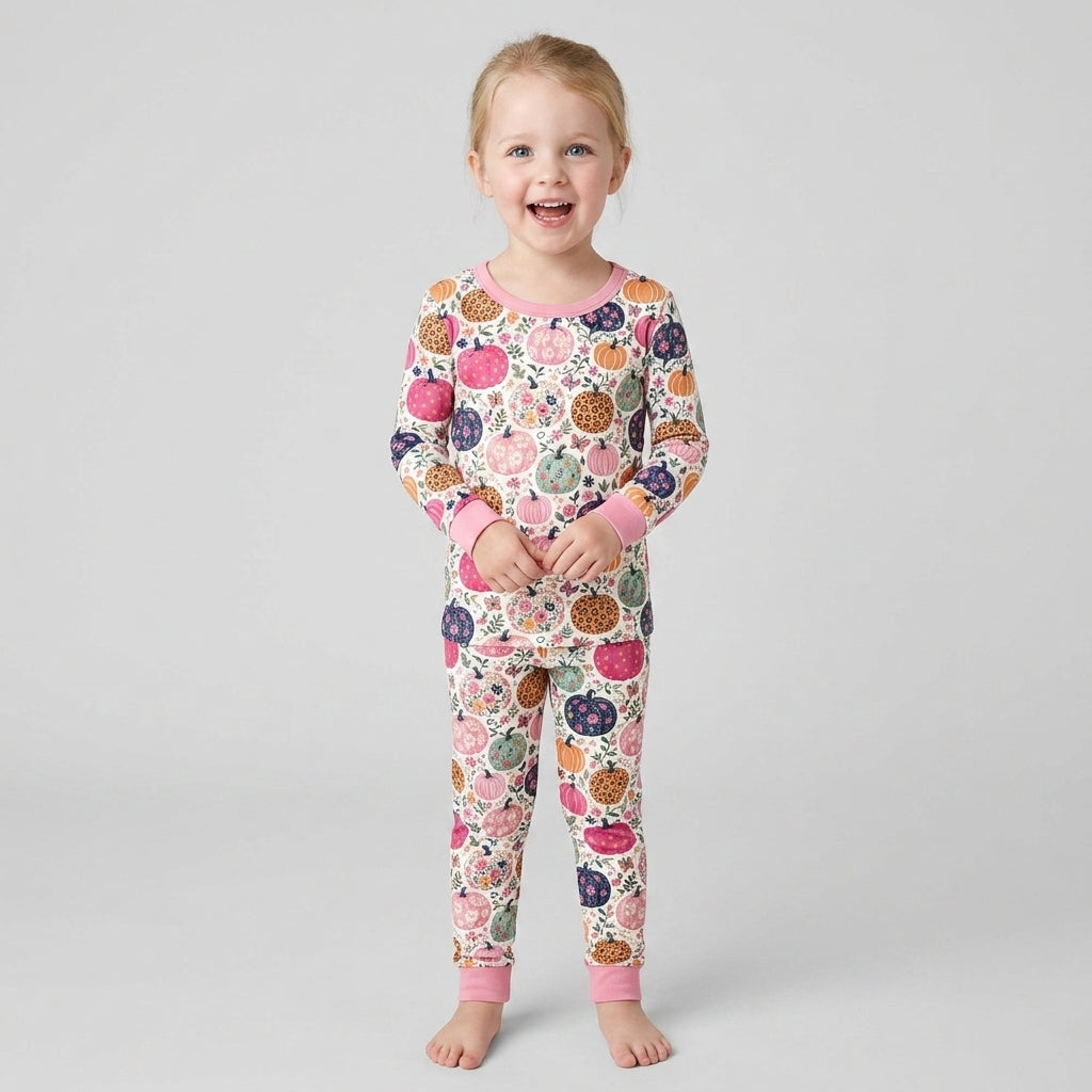 Floral Pumpkin Bamboo Two Piece Long Sleeve Pajama Set