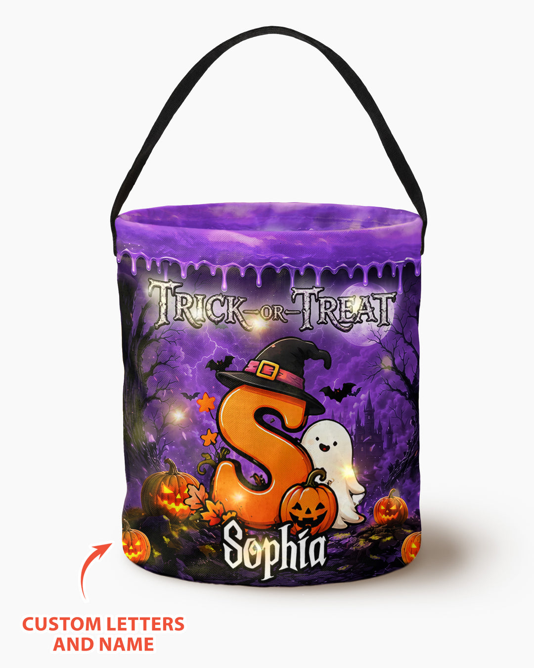 Halloween Initials Spooky Ghost Trick Or Treat Led Light Bucket Bag