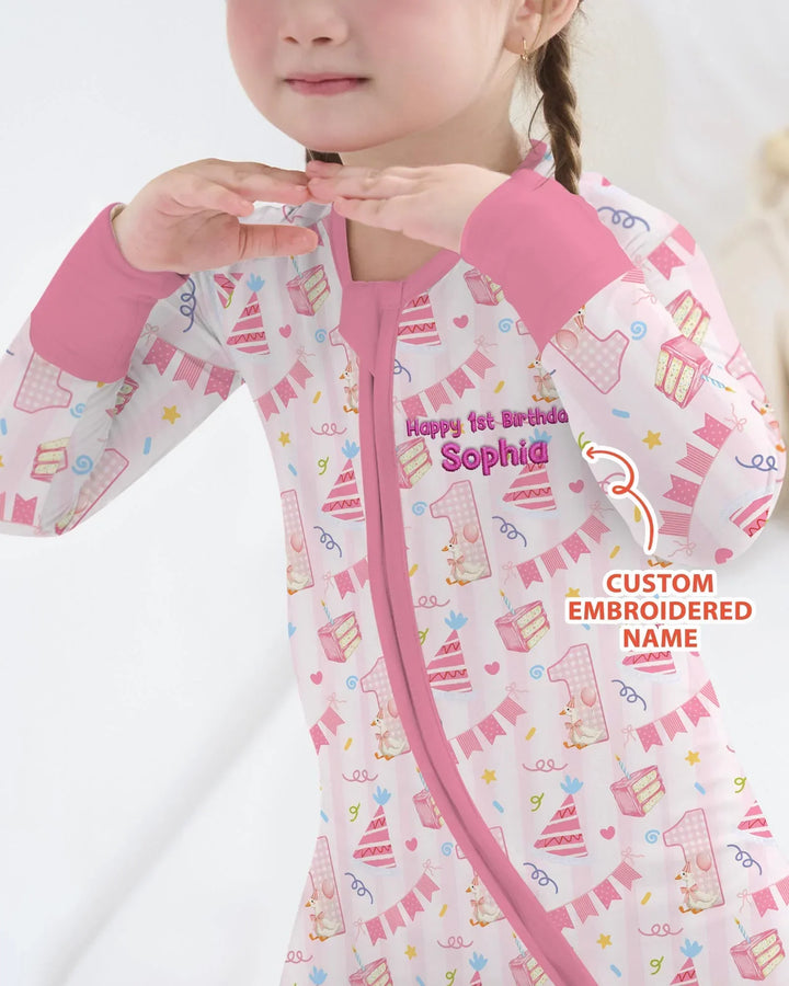 1st Birthday Girl Embroidered Baby Bamboo Convertible Zippy