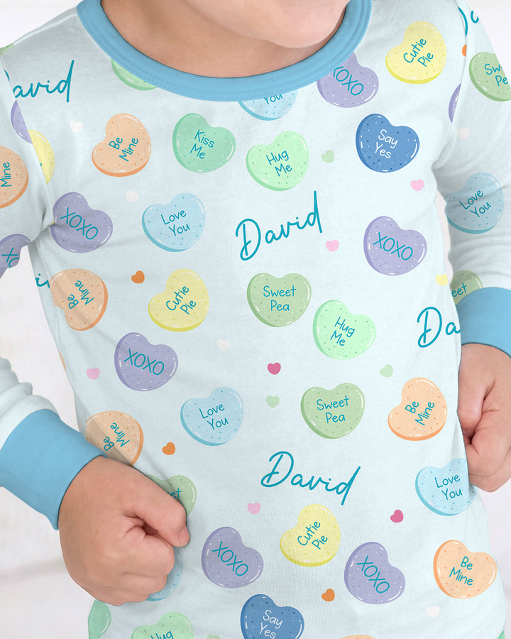 Custom Name Colorful Candy Hearts Family Matching Two Piece Long Sleeve Pajama Set