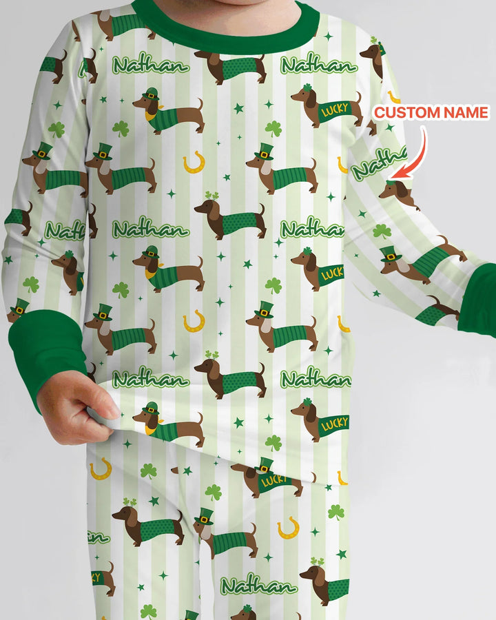 Lucky Dachshunds St. Patrick's Day Family Matching Two Piece Long Sleeve Pajama Set