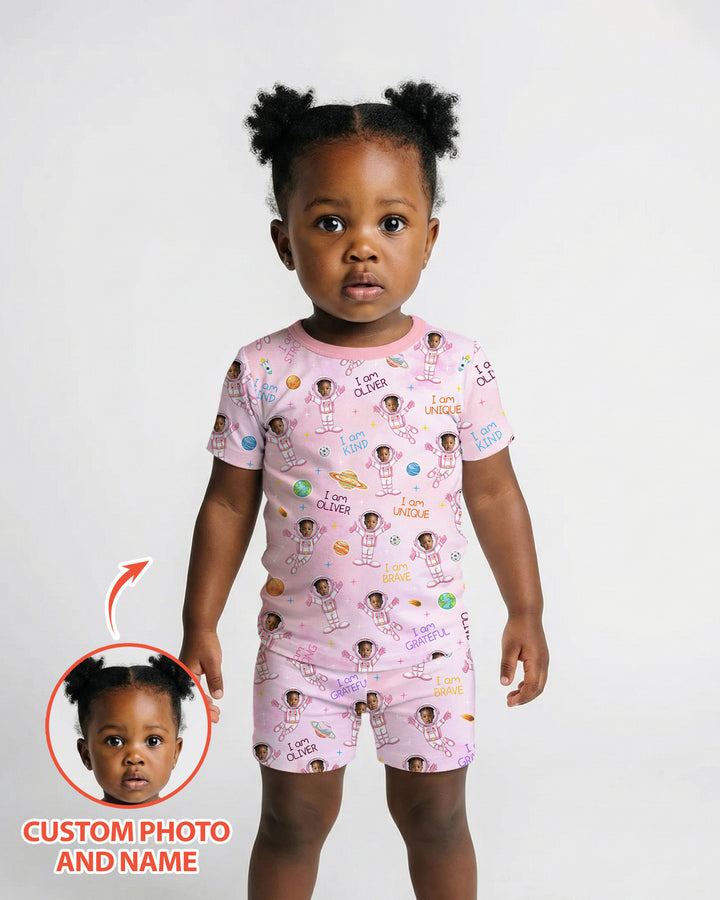 Custom Photo Kid Affirmations I Am Kind Astronaut Bamboo Two Piece Short Sleeve Pajama Set