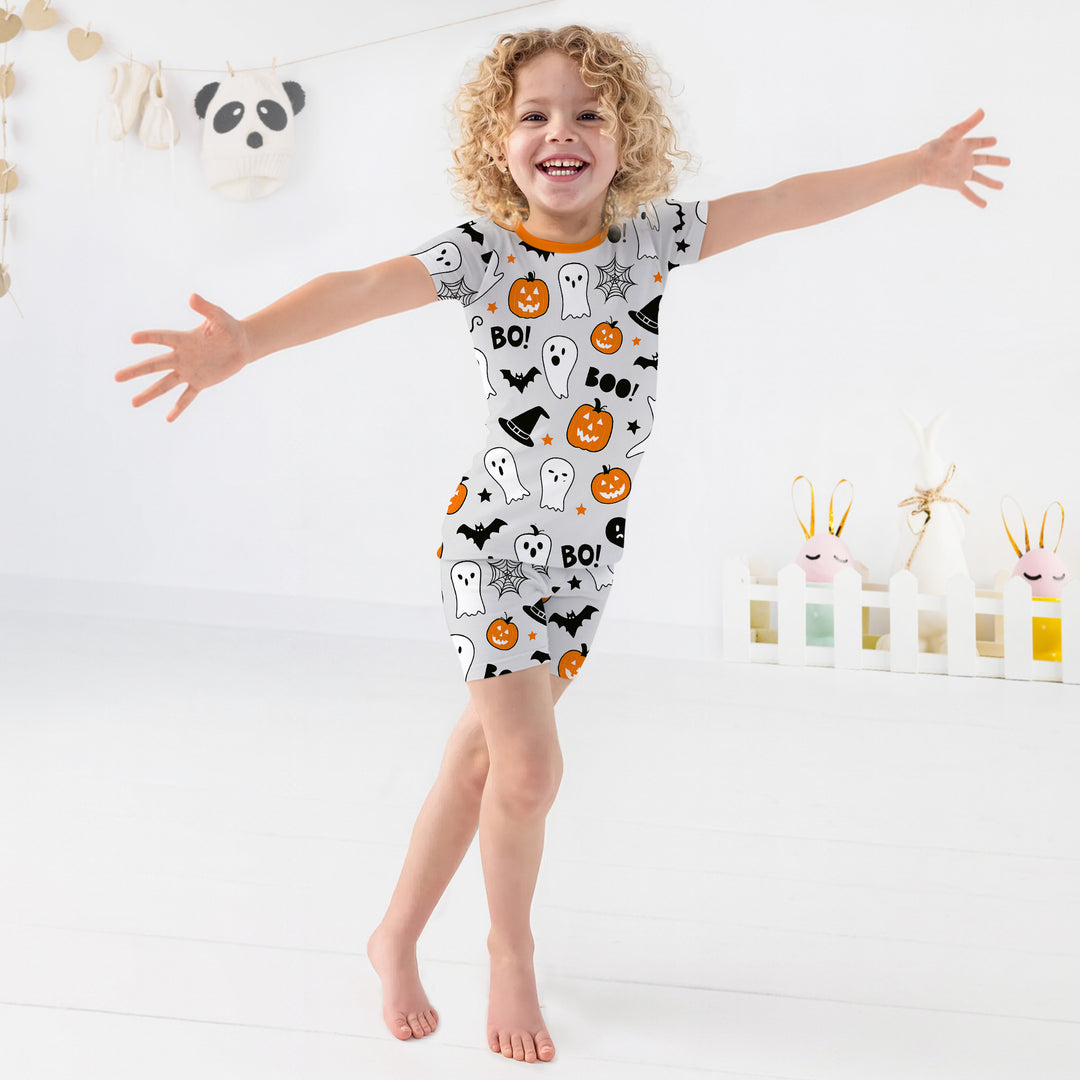 Halloween Boo & Pumpkin Glow In The Dark Two Piece Short Sleeve Shorts Pajama Set