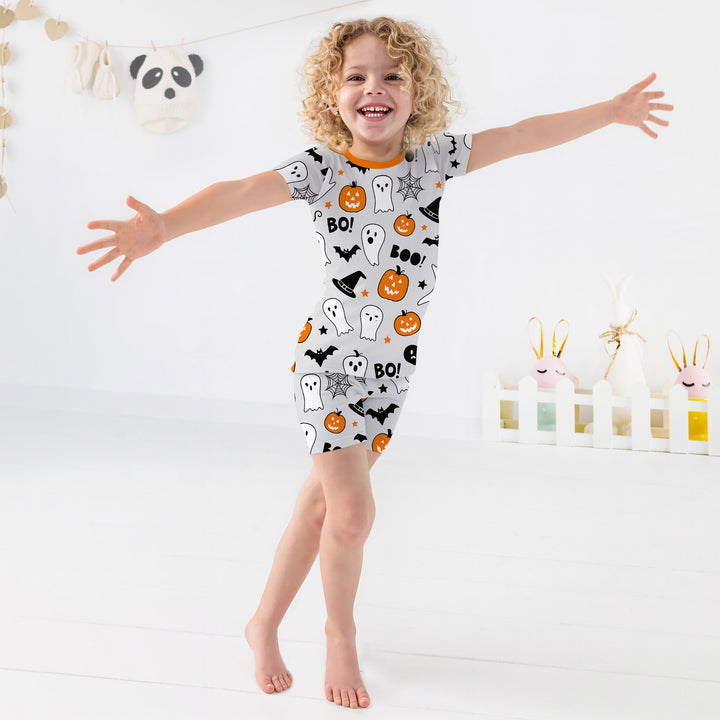 Halloween Boo & Pumpkin Glow In The Dark Two Piece Short Sleeve Shorts Pajama Set