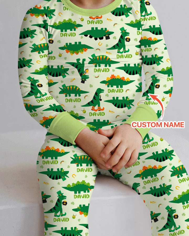 St. Patrick's Day Dinosaurs Custom Two Piece Long Sleeve Pajama Set
