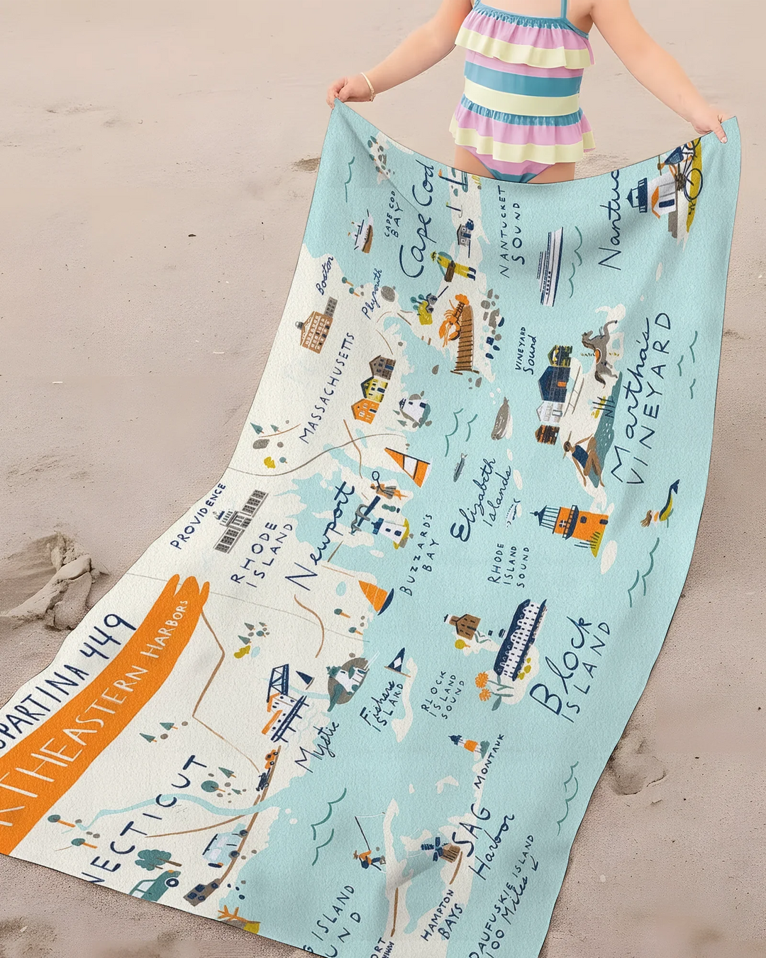 Massachusetts Coastal Explorer Map Bamboo Beach Towel