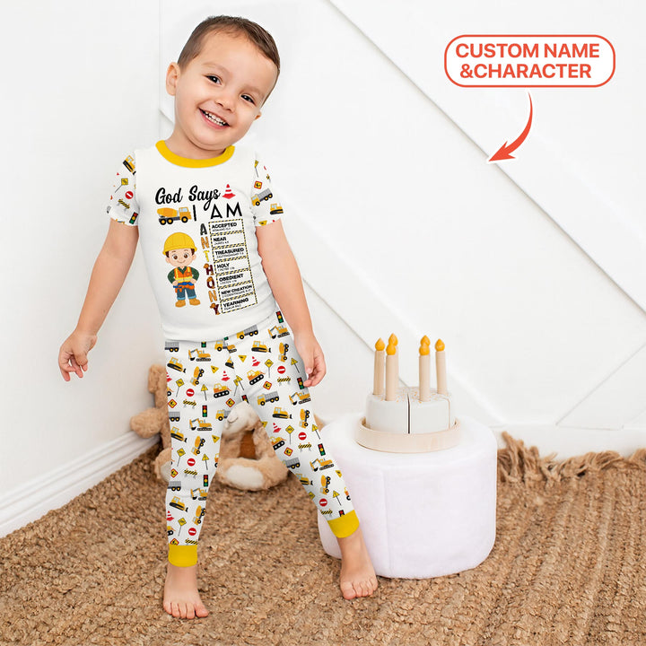 Custom Name God Says I Am Little Builder Letter in Bible Two Piece Short Sleeve Pajama Set