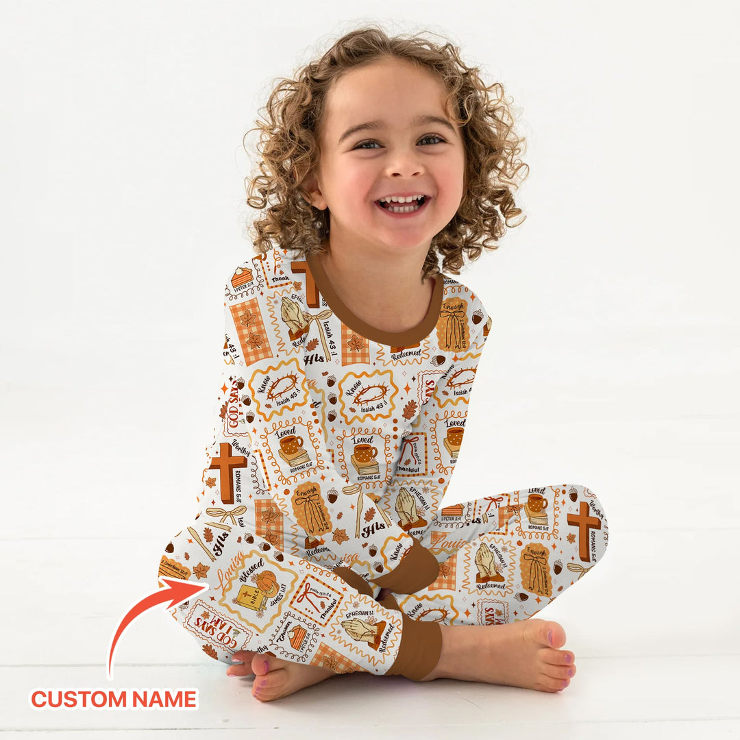 Custom Name I Am Thankful For Jesus Two Piece Long Sleeve Pajama Set , Custom Name I Am Thankful For Jesus Two Piece Long Sleeve Pajama Set - 12-18M