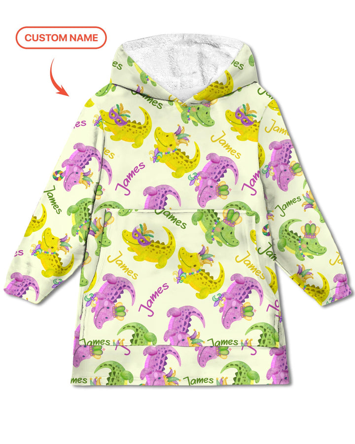 Custom Name Mardi Gras Alligator Wearable Blanket Hoodie