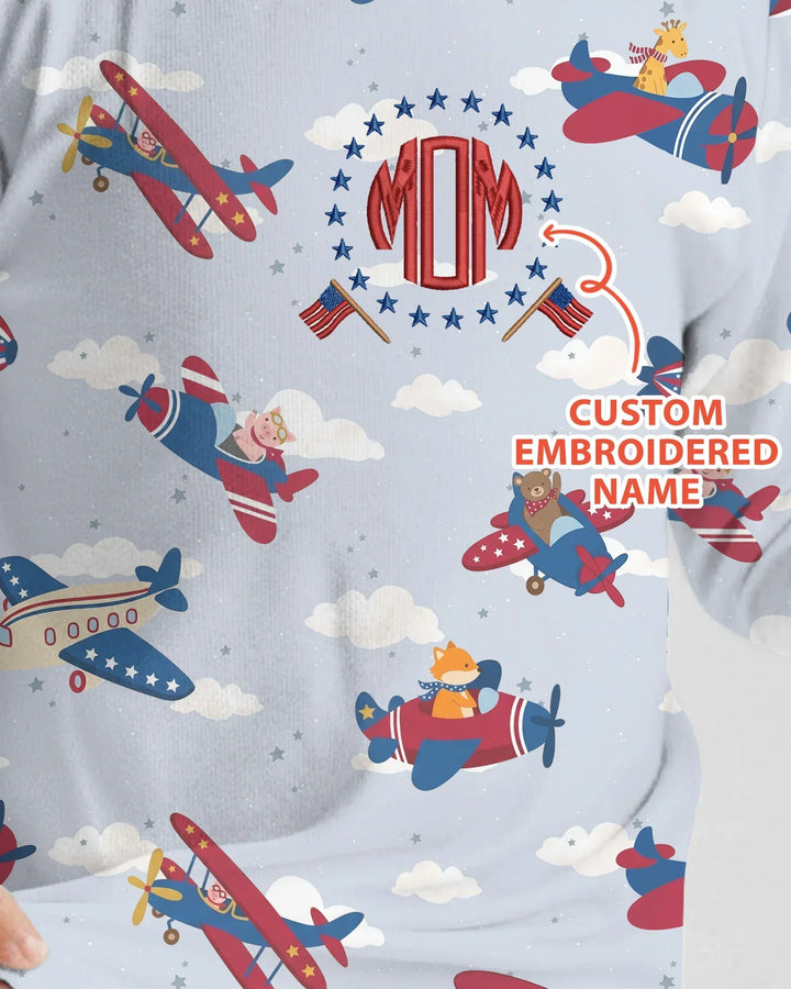 Custom Name Embroidered American Pilot  Bamboo Two Piece Long Sleeve Pajama Set